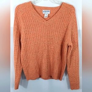 Pendleton Orange Peach Cable Knit V-neck Wool Silk Sweater Sz Large